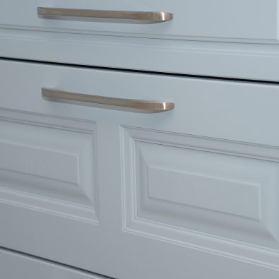 chrome handles light blue shaker kitchen