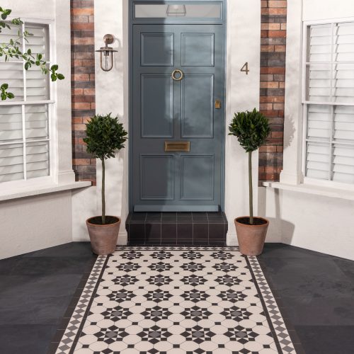 Victorian tiles on a path with blue front door