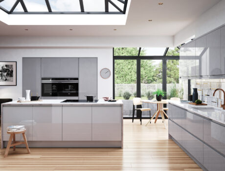 Strada Gloss Dust Grey and Light Grey kitchen