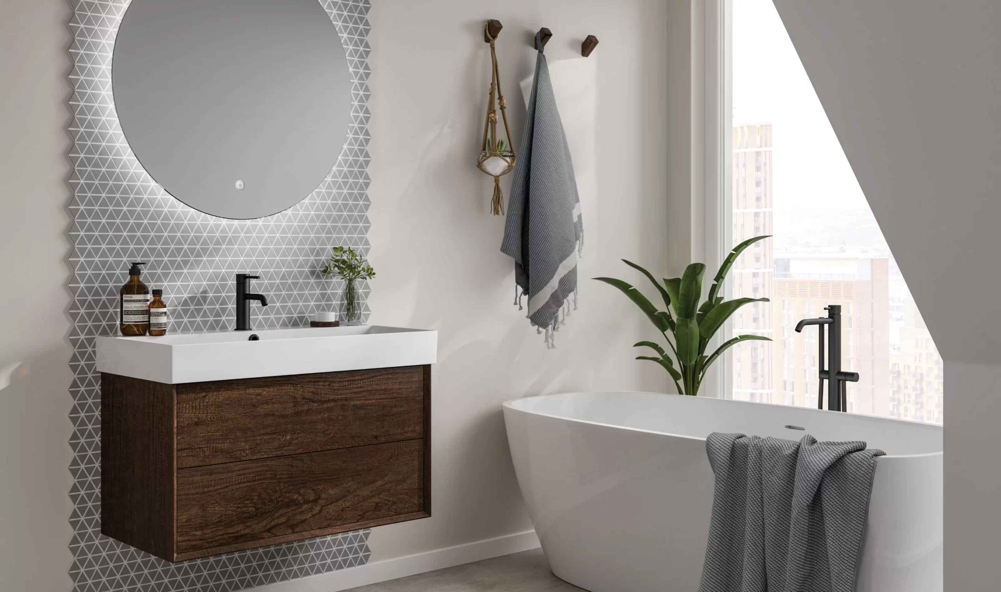 modern white bohemian bathroom