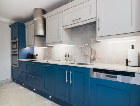 blue kitchen with shaker doors