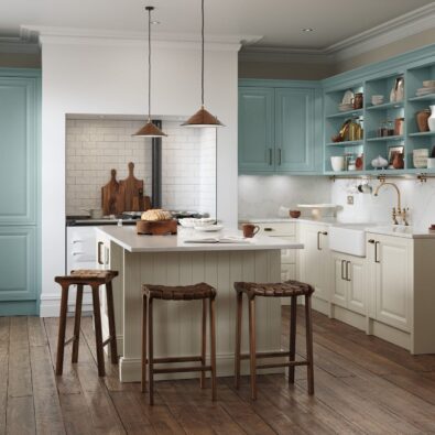 jacobsen taupe grey light teal kitchen with inframe effect doors