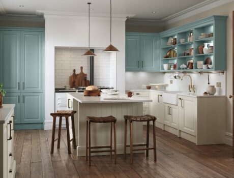 jacobsen taupe grey light teal kitchen with inframe effect doors