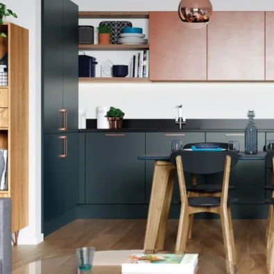 copper handles on zola matte marine kitchen