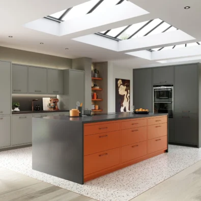 zola matte orange kitchen with copper handles kitchen doors