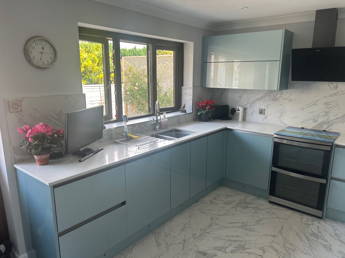 light blue metallic kitchen