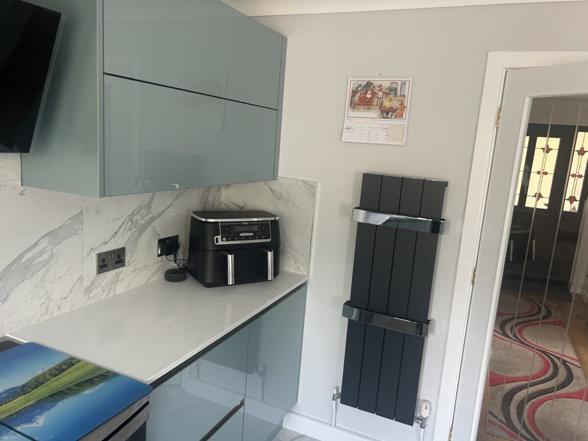 metallic blue kitchen