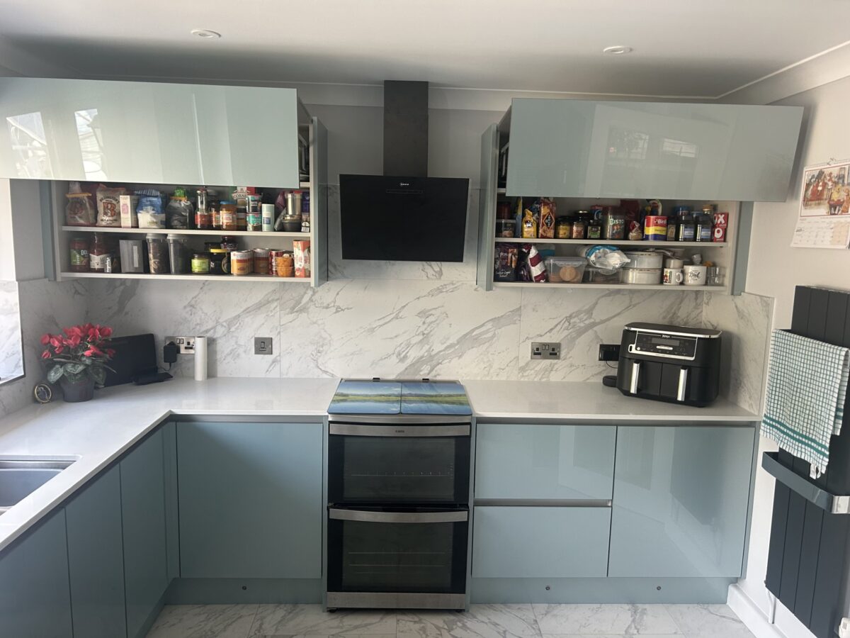 metallic blue kitchen cupboards