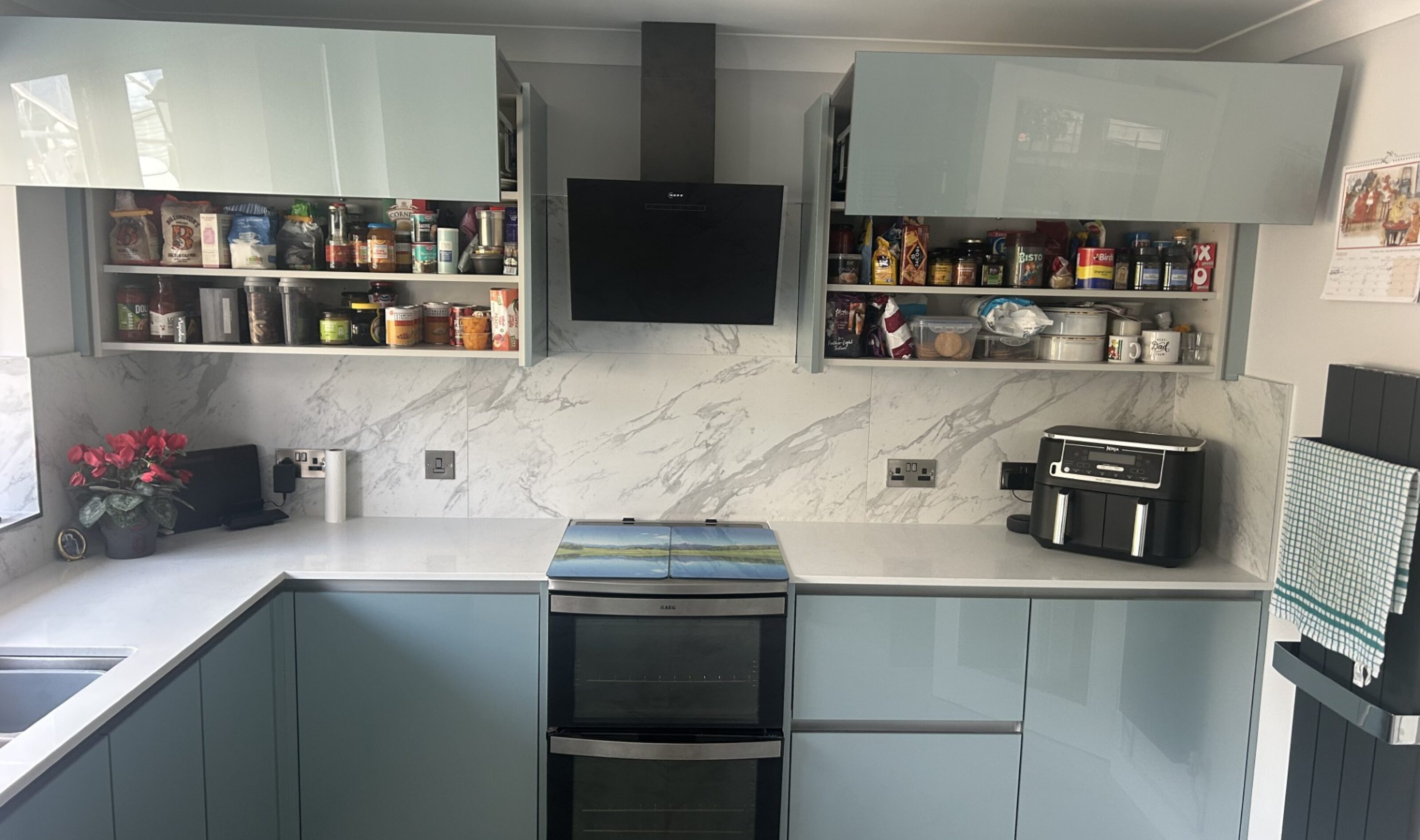 metallic blue kitchen cupboards