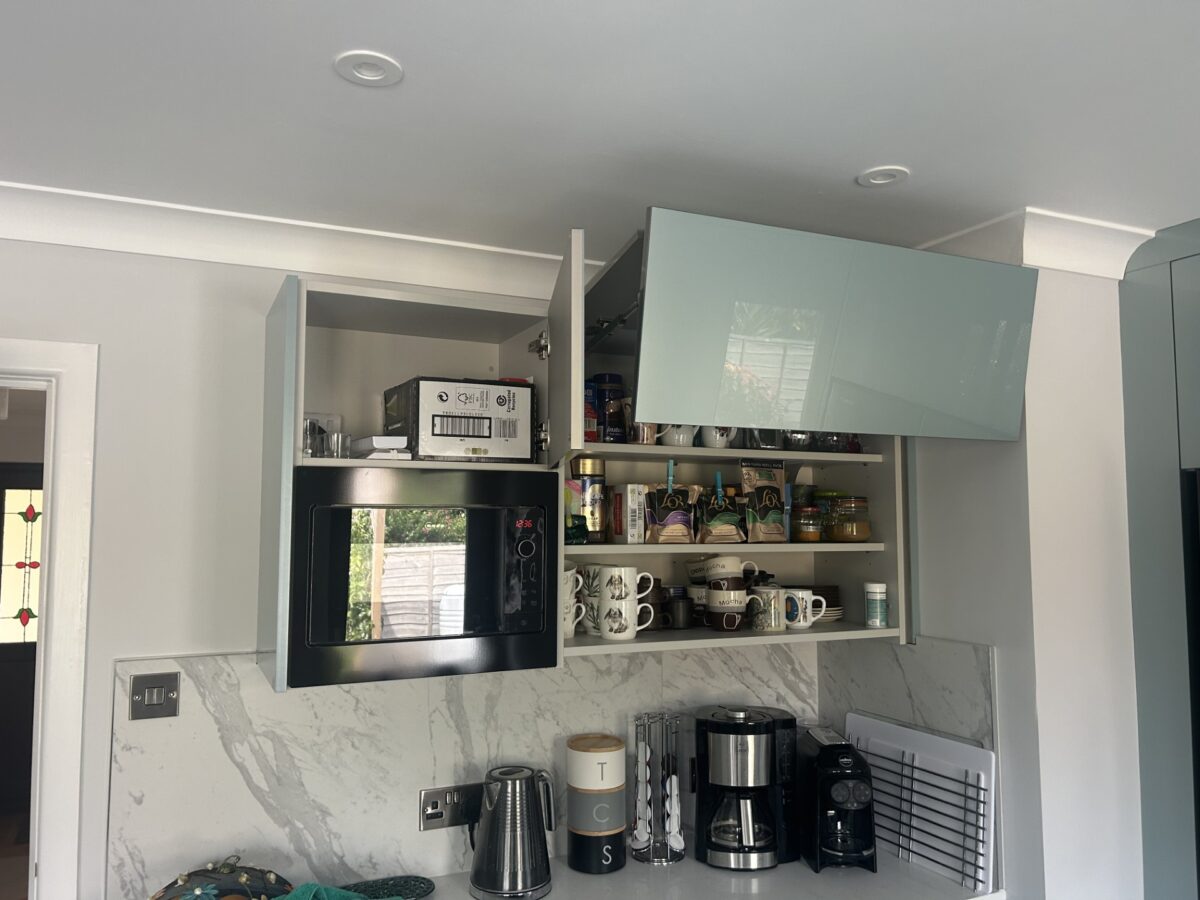 bifold metallic blue kitchen wall units