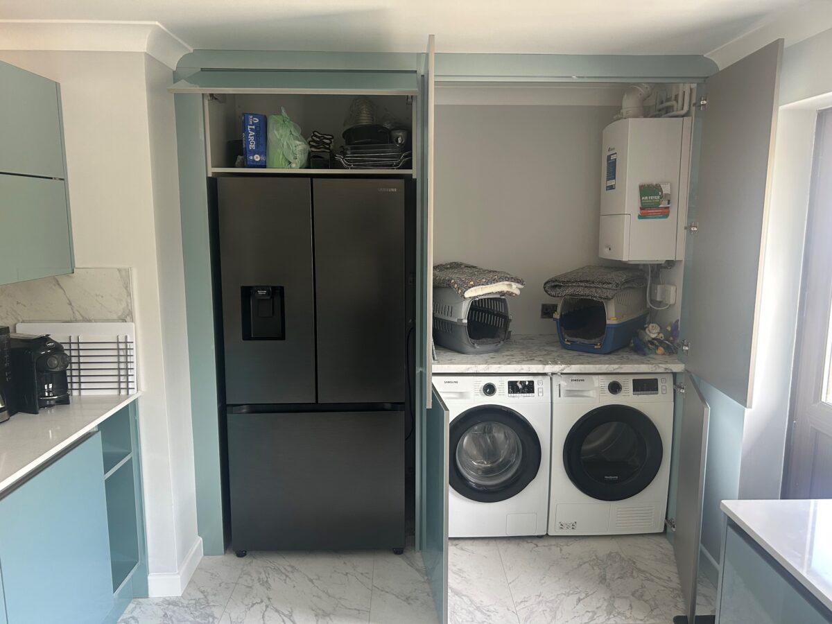 metallic blue kitchen laundry area