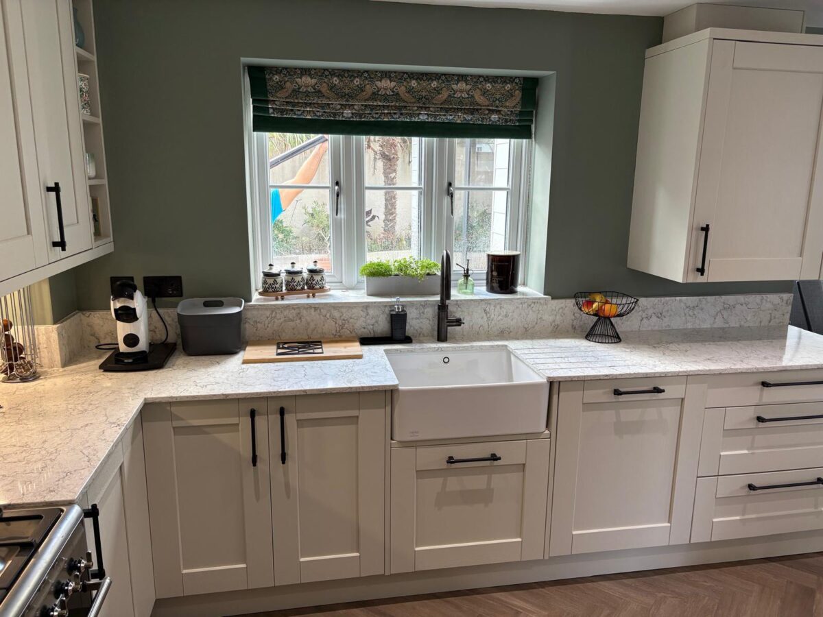 modern shaker kitchen with quartz worktop and Belfast sink