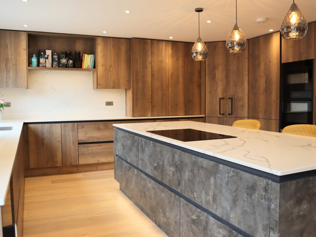 Metallic rock kitchen island with quartz worktop in urban halifax kitchen
