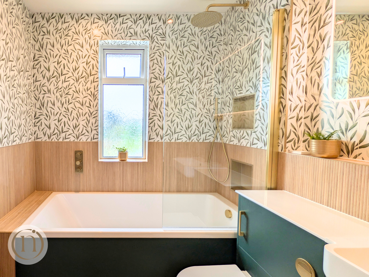 botanical bathroom with patterned tiles