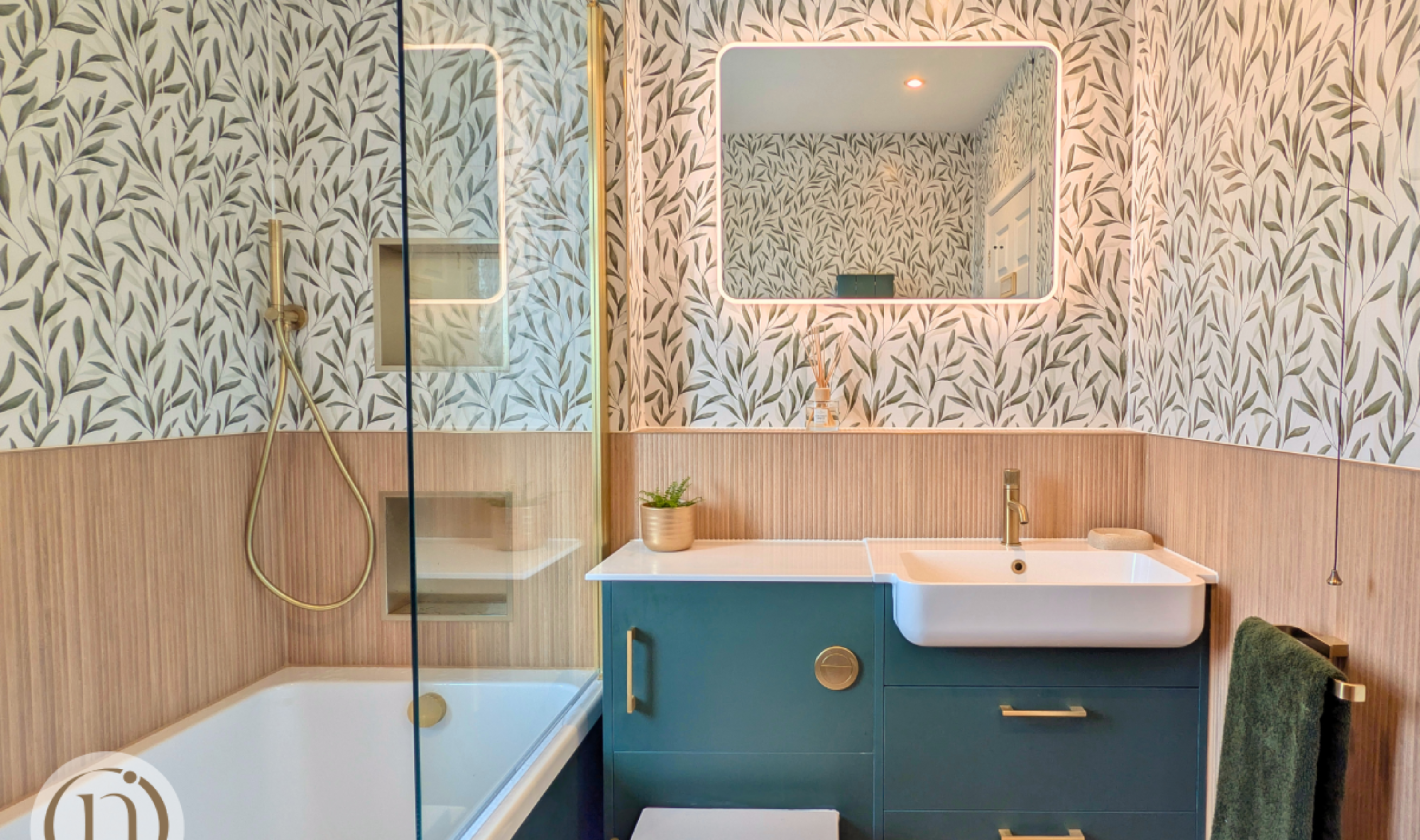 bathroom with wood effect and botanical tiles