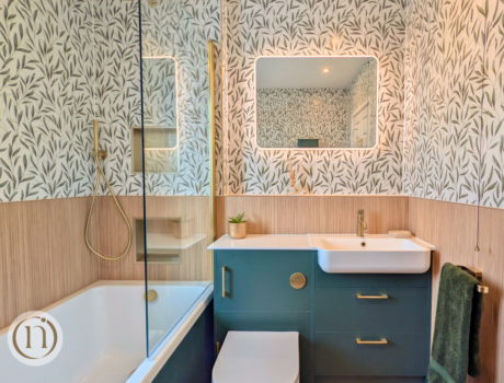 bathroom with wood effect and botanical tiles