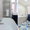geometric patterned floor tiles in shades of b lue