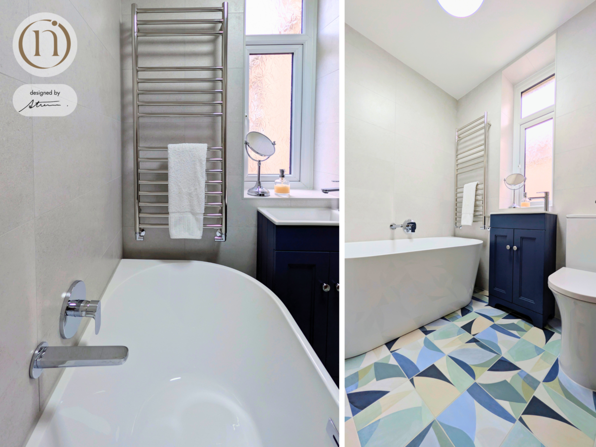 geometric patterned floor tiles in shades of b lue