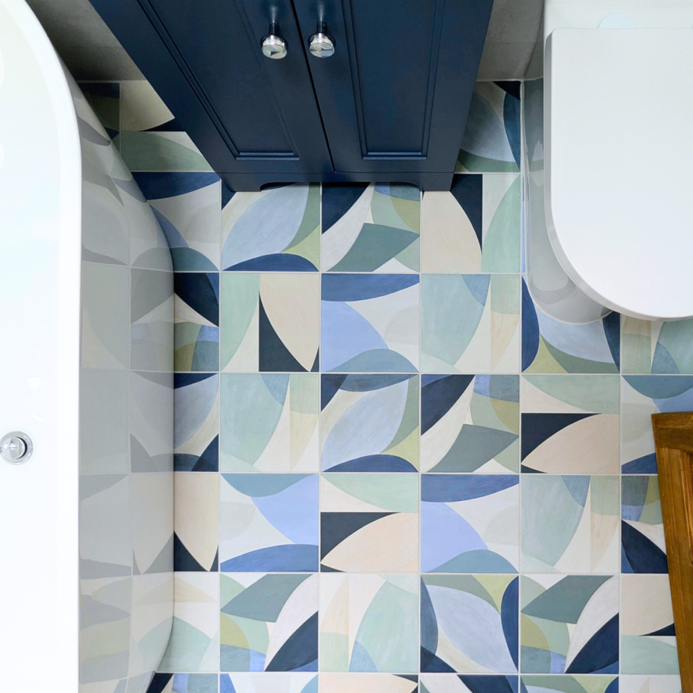 azure coastal bathroom with decorative tiles