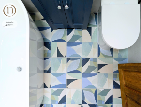 azure coastal bathroom with decorative tiles