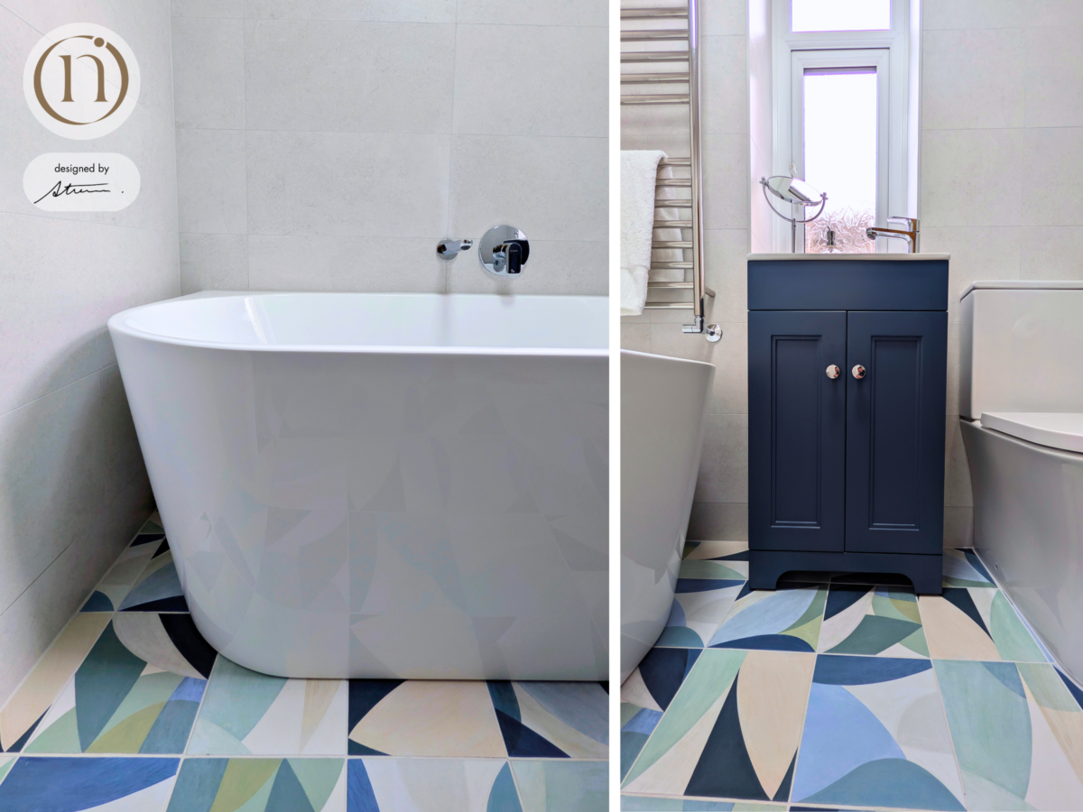 coastal bathroom with freestanding bath