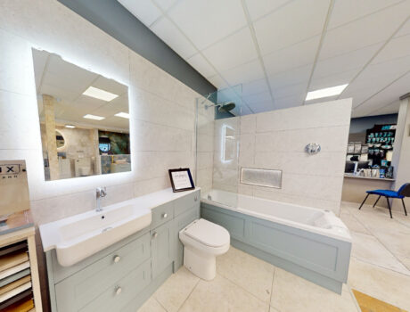 blue bathroom and vanity