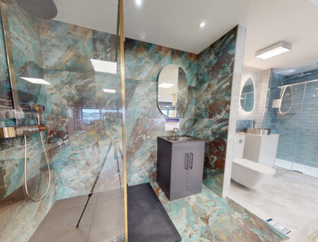 green tiled shower enclosure
