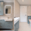 collage of photos from grey and blue bathroom