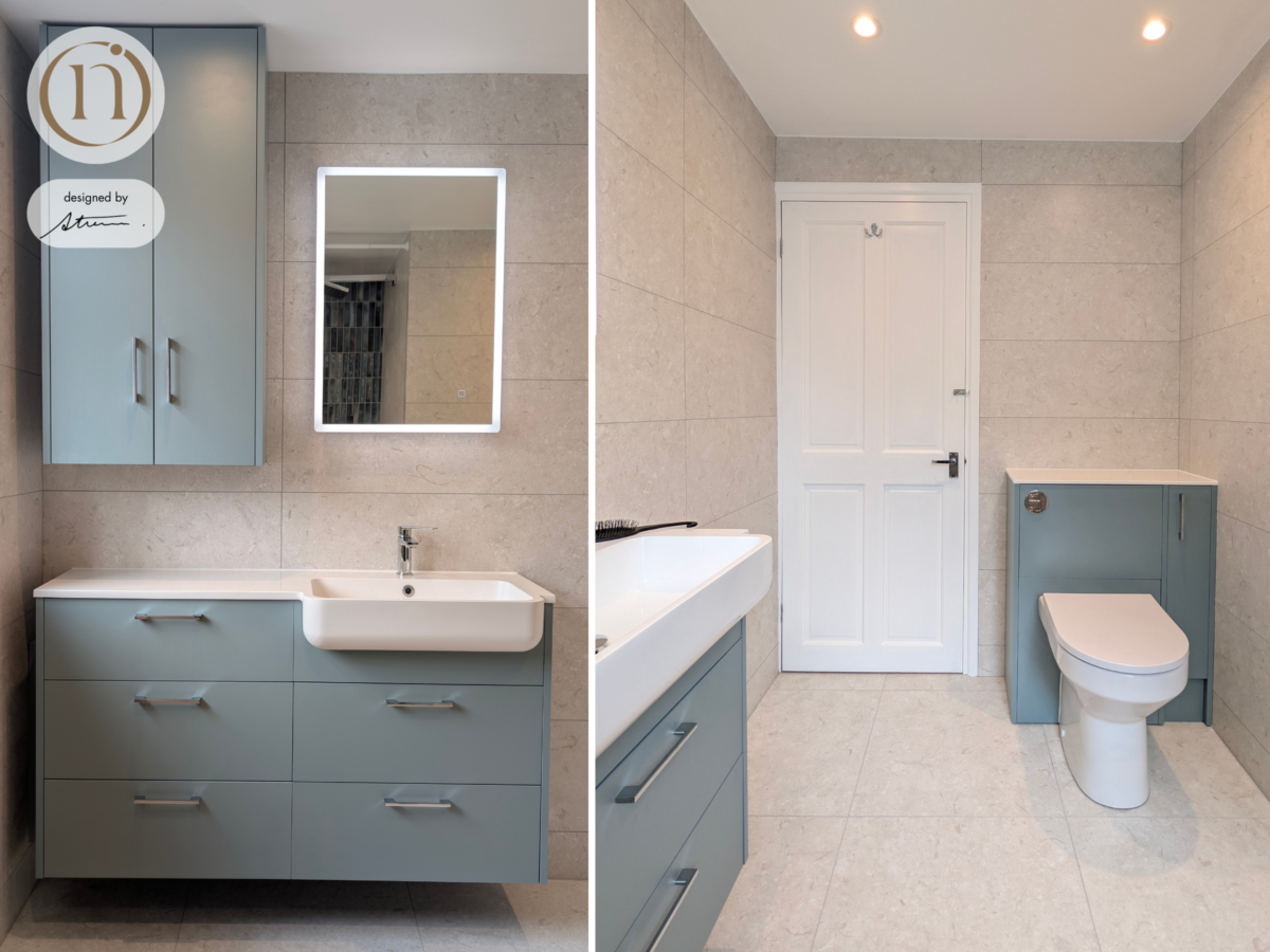collage of photos from grey and blue bathroom